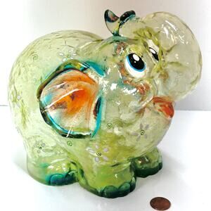 VTG Elephant Piggy Bank Floral Plastic Melamine Resin Molded Transparent READ